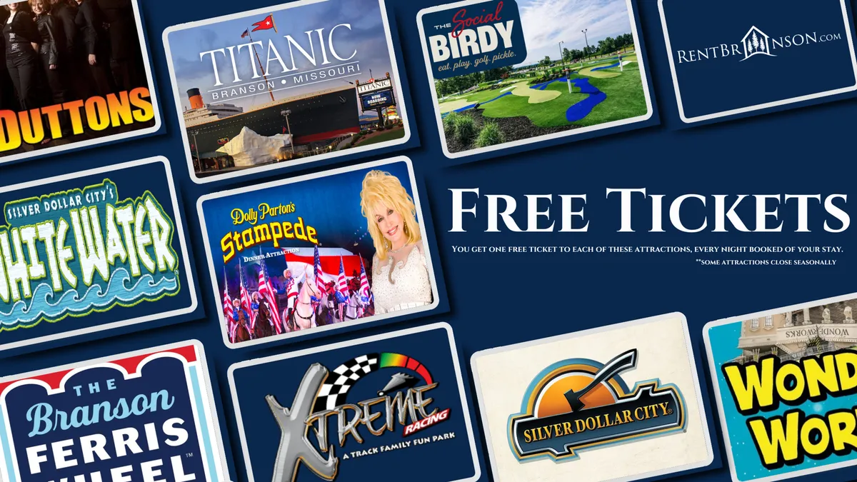 A lively interior display featuring colorful attraction logos such as Silver Dollar City, Dolly Parton's Stampede, and the Titanic Museum—along with a bold 'free tickets' announcement. The design conveys excitement and the variety of local attractions and events available for guests and families in the Branson area.