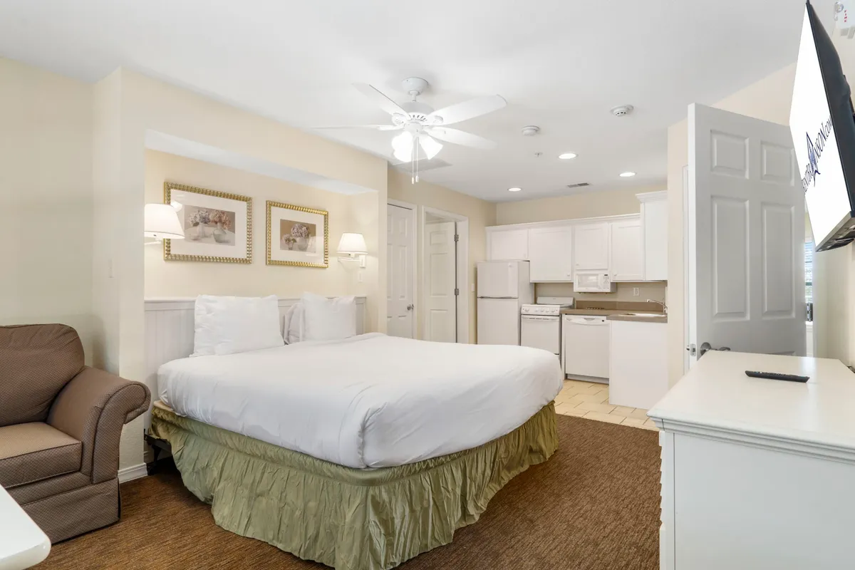 A welcoming space that blends a queen-sized bed, sofa, TV, and a visible kitchenette, creating a multi-functional area perfect for relaxing, cooking, and socializing.