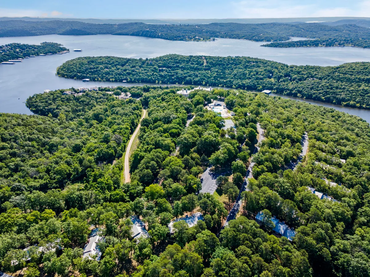 This image provides a sweeping view of the Ozark foothills, featuring lush greenery, a winding river, and glimpses of residential buildings and roads. The natural landscape is highlighted, with activities like hiking and nature walks implied by the trails that weave through the area. The serene mood is enhanced by soft sunset lighting reflecting off the lake, inviting viewers to imagine tranquil walks and wildlife encounters.